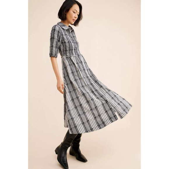 Maeve Plaid Smocked Button Front Midi Dress Women's Size SP - Picture 9 of 9